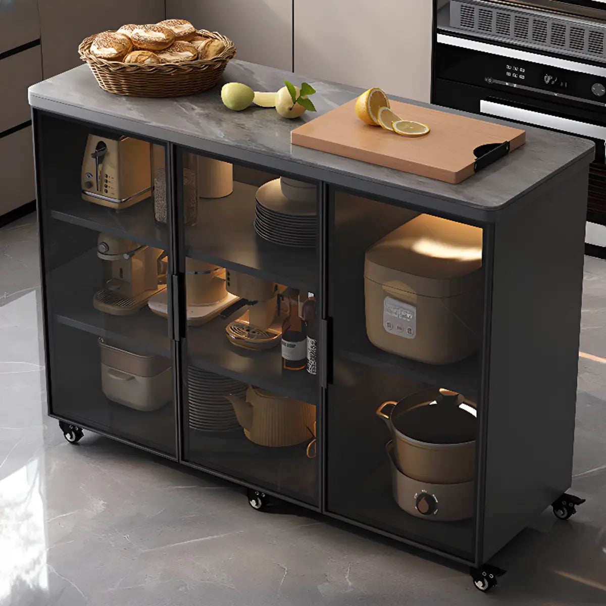 Adjustable Rectangle Stone Grey Kitchen Island Trolley Image - 9