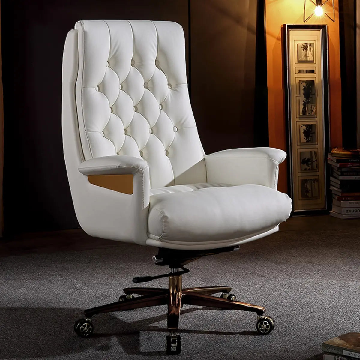 Adjustable Seat Height Tufted Leather Swivel Office Chair Image - 1