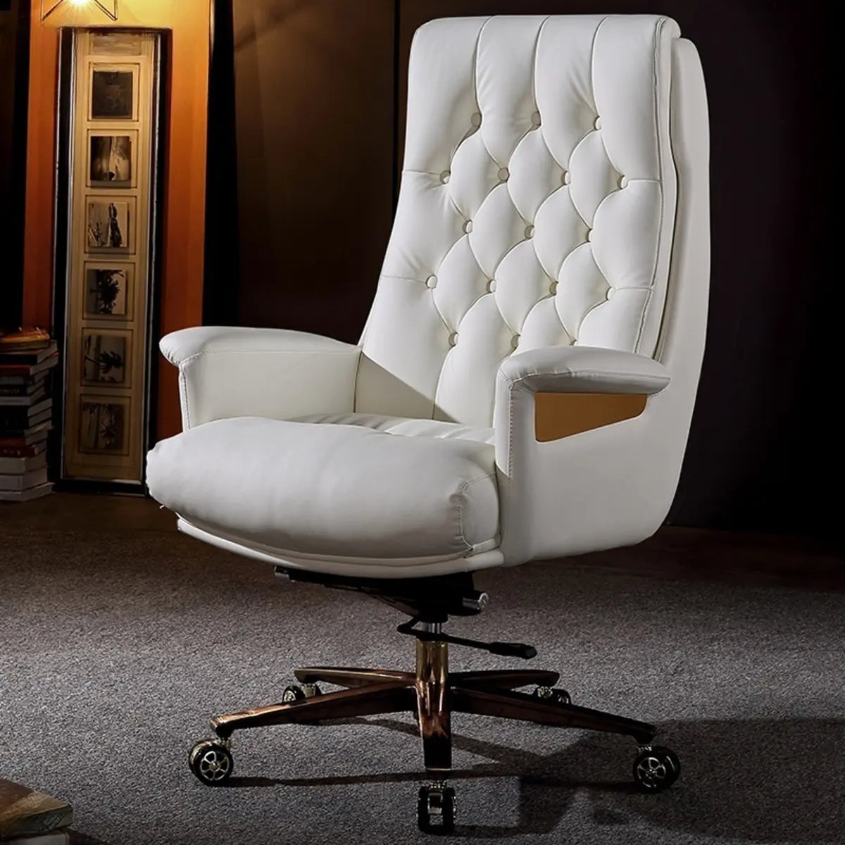 Adjustable Seat Height Tufted Leather Swivel Office Chair Image - 3