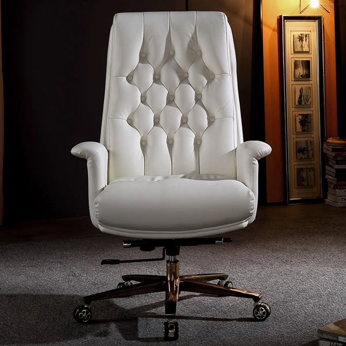 Adjustable Seat Height Tufted Leather Swivel Office Chair Image - 4