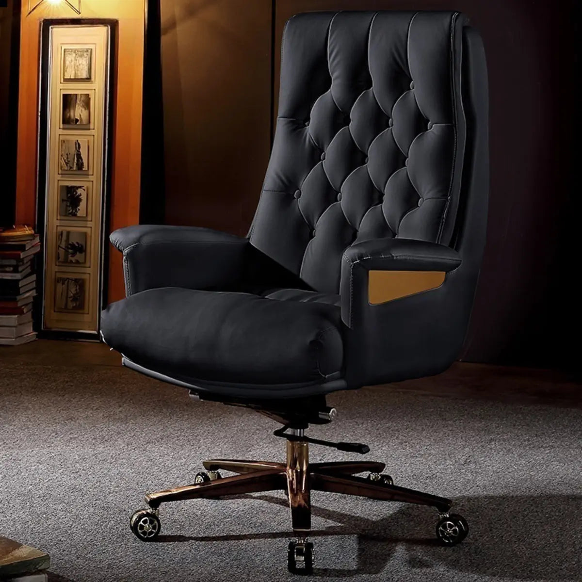 Adjustable Seat Height Tufted Leather Swivel Office Chair Image - 5