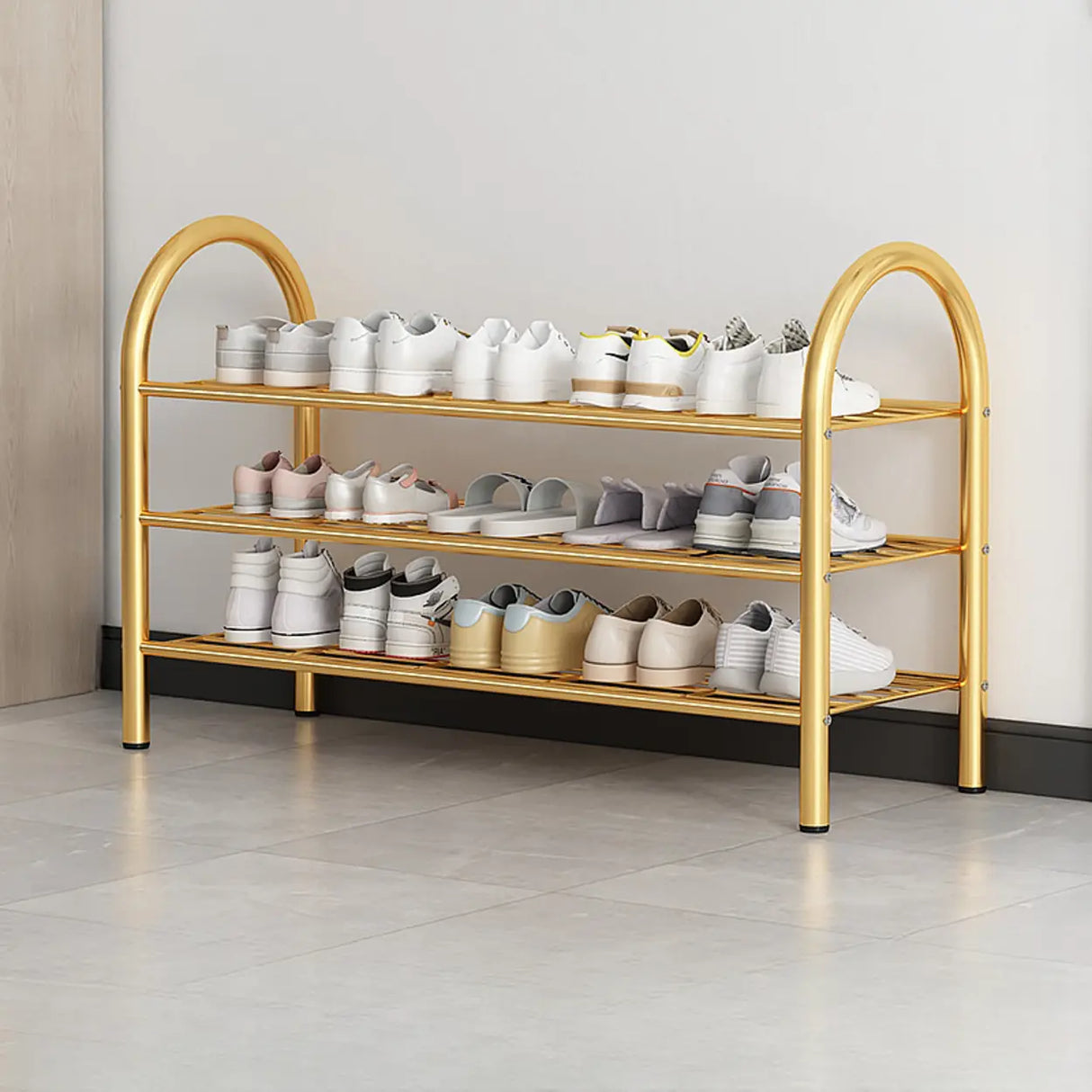 Adjustable Shelves Arched Metal Floor Gold Large Shoe Rack Image - 10