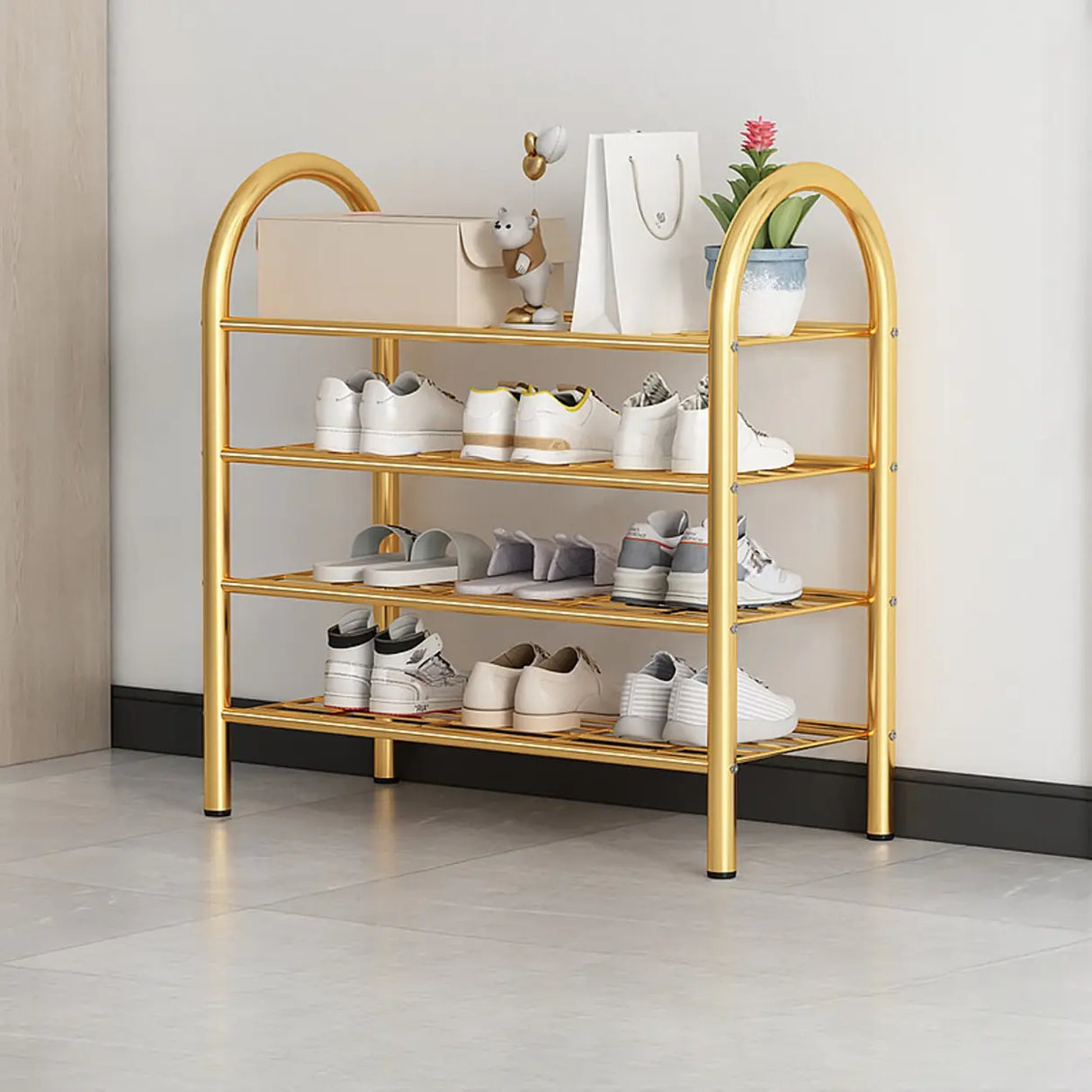 Adjustable Shelves Arched Metal Floor Gold Large Shoe Rack Image - 14