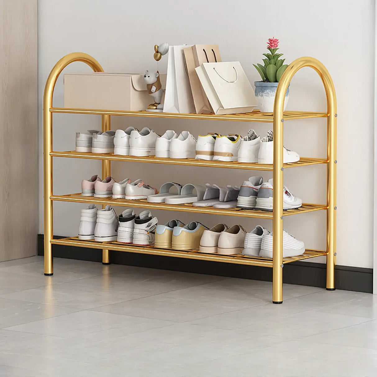 Adjustable Shelves Arched Metal Floor Gold Large Shoe Rack Image - 16
