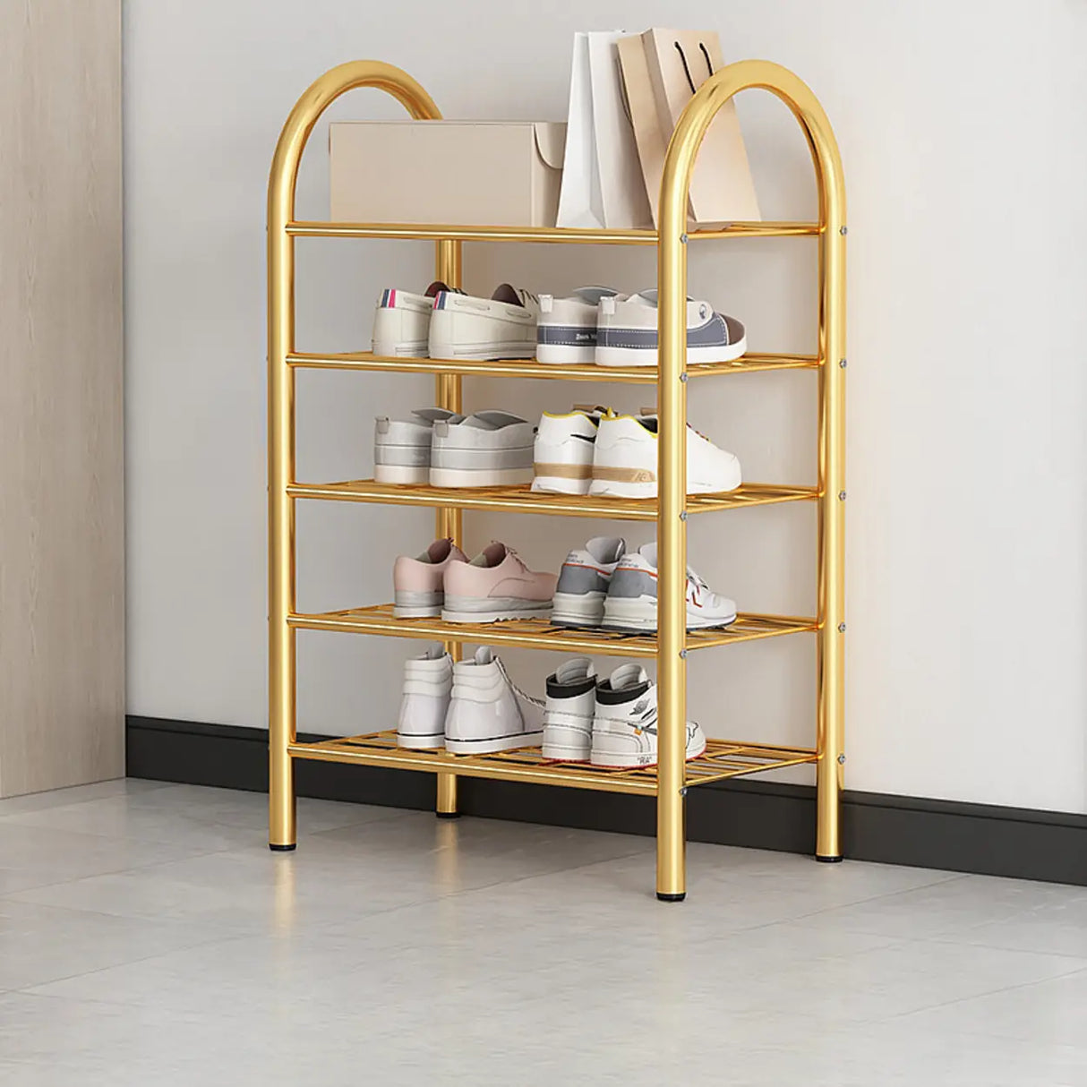 Adjustable Shelves Arched Metal Floor Gold Large Shoe Rack Image - 17