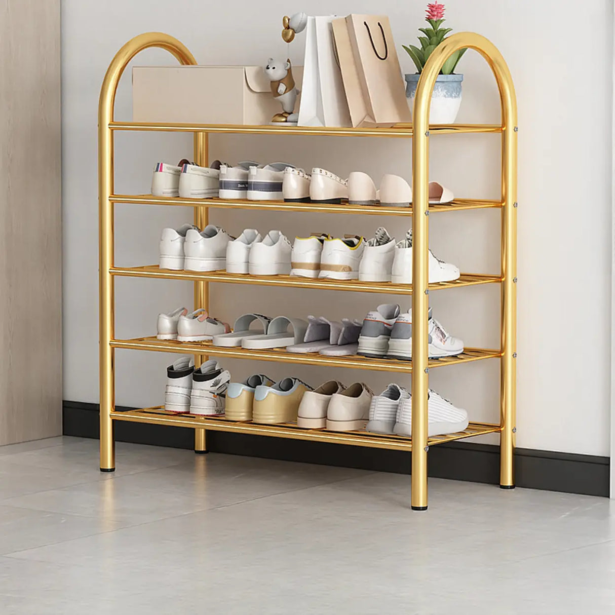 Adjustable Shelves Arched Metal Floor Gold Large Shoe Rack Image - 18