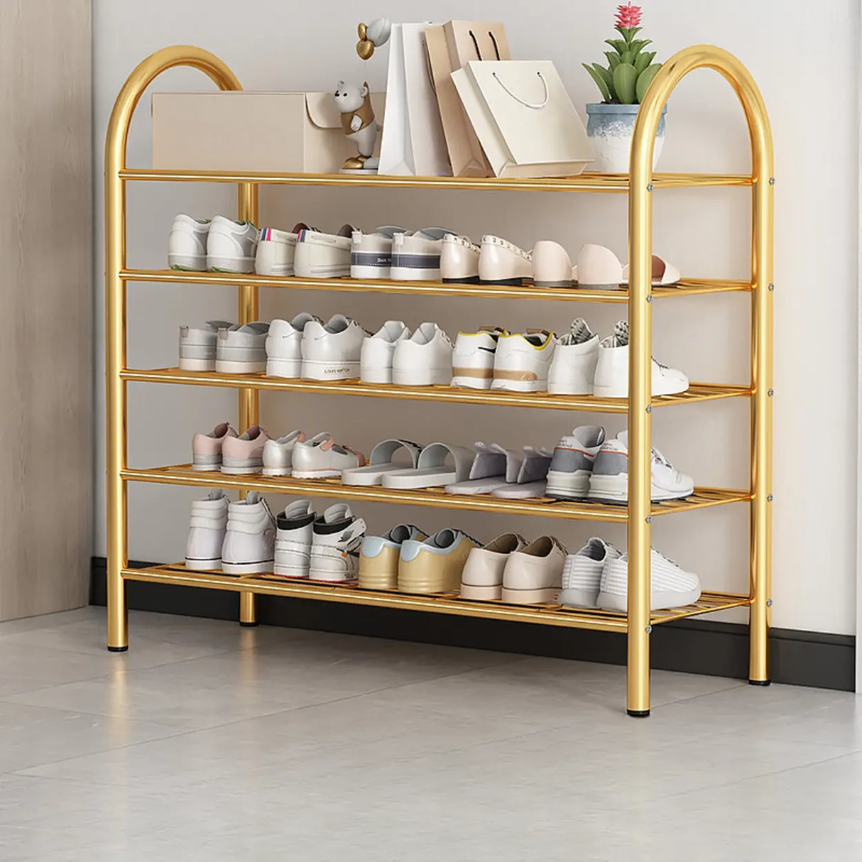 Adjustable Shelves Arched Metal Floor Gold Large Shoe Rack Image - 19