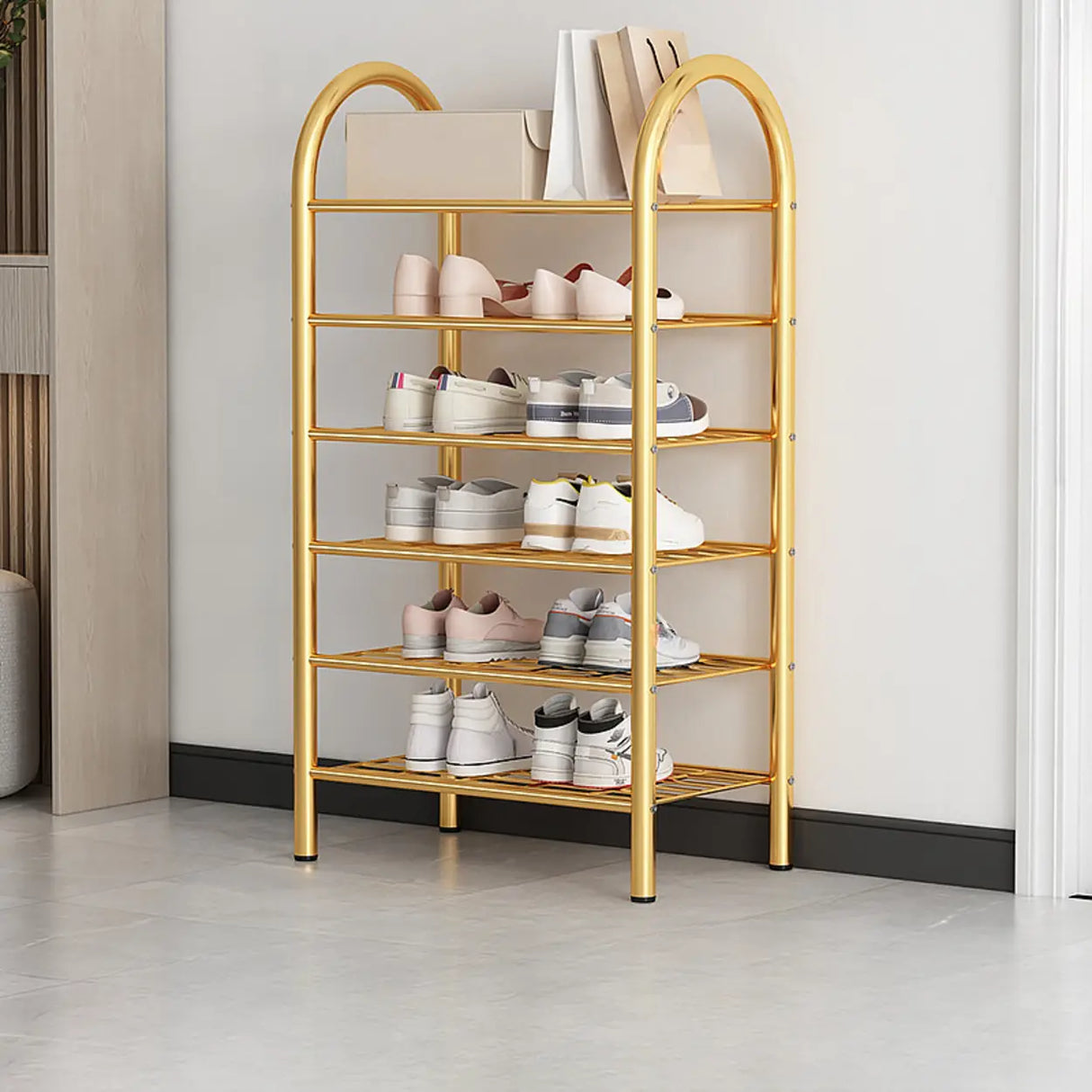 Adjustable Shelves Arched Metal Floor Gold Large Shoe Rack Image - 20
