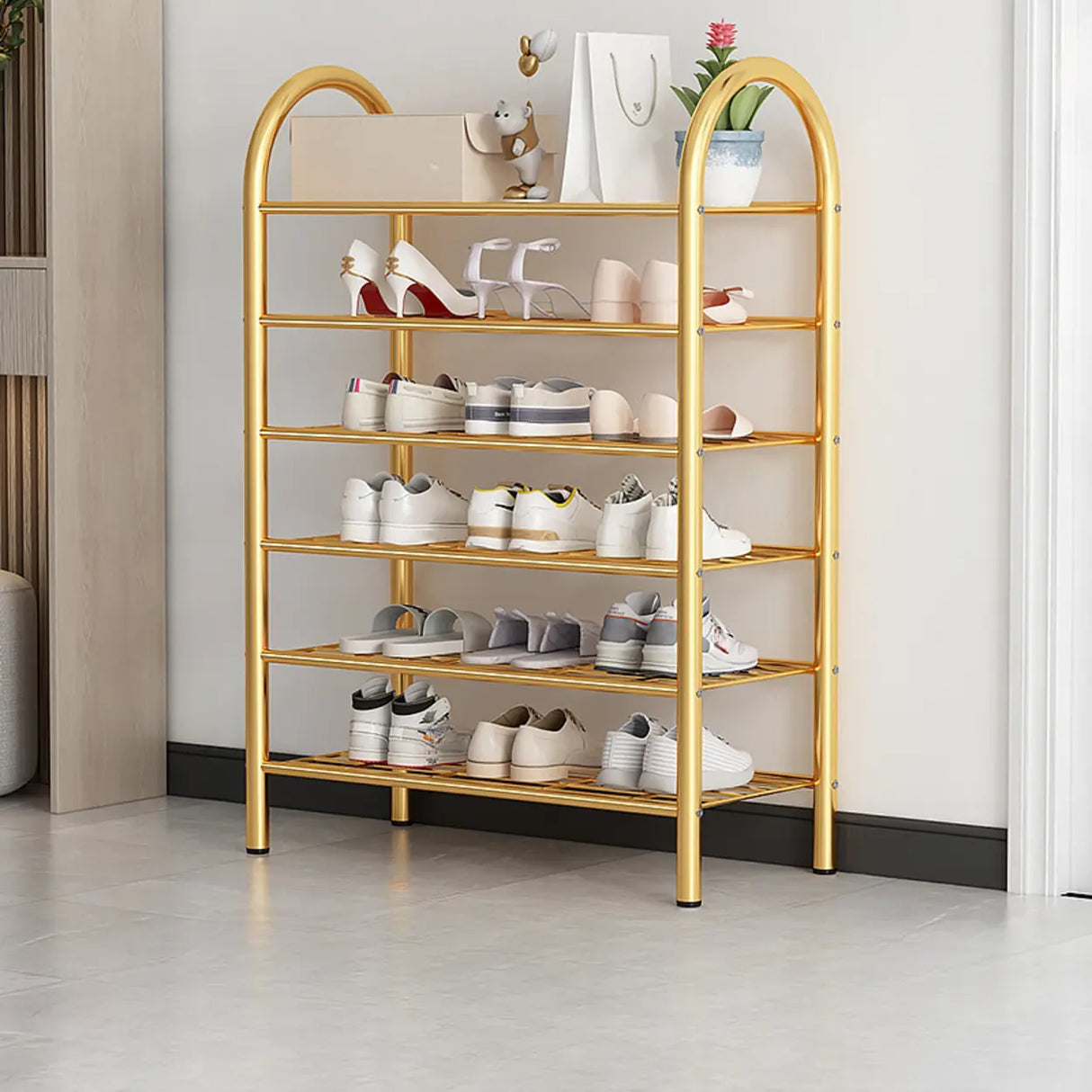 Adjustable Shelves Arched Metal Floor Gold Large Shoe Rack Image - 21