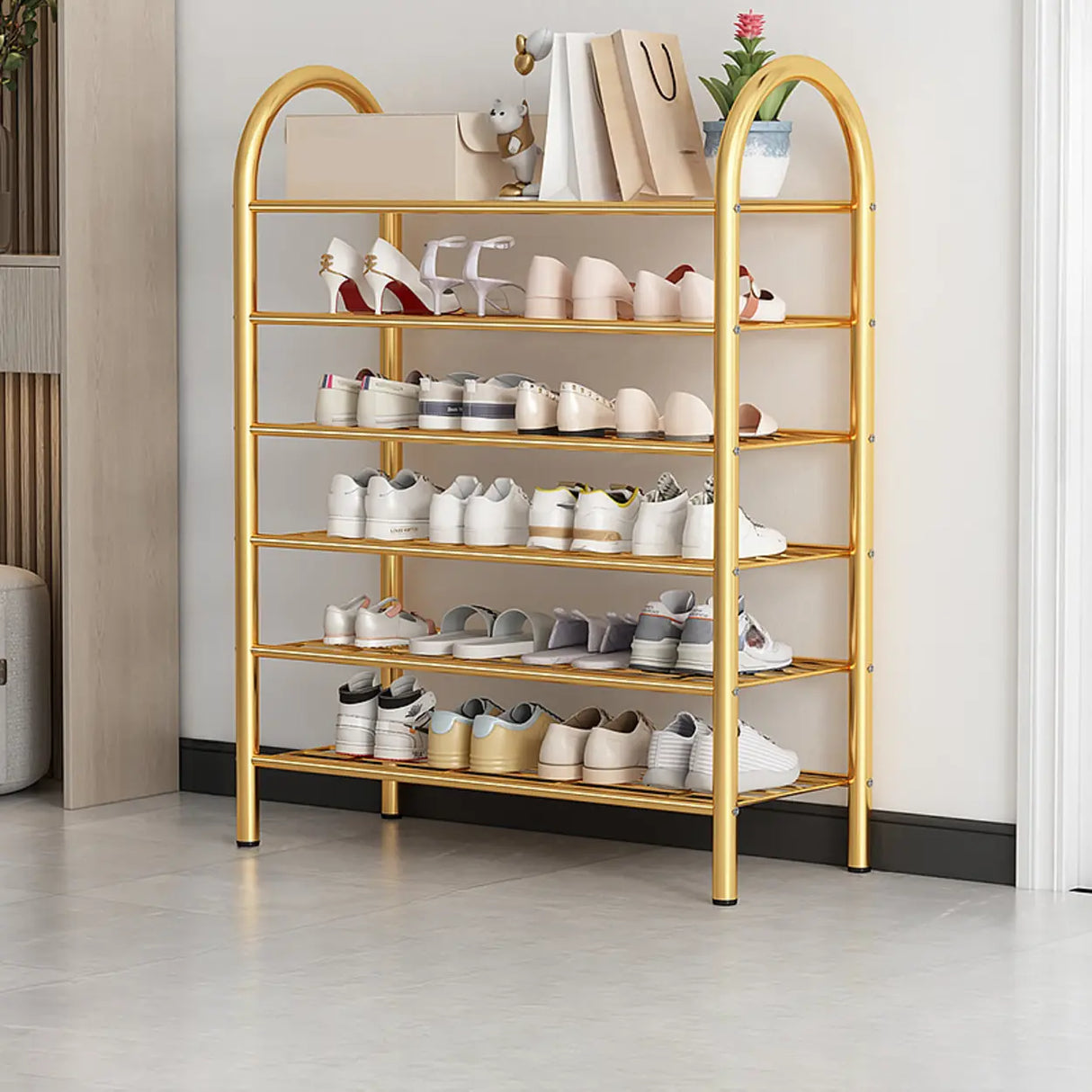 Adjustable Shelves Arched Metal Floor Gold Large Shoe Rack Image - 22