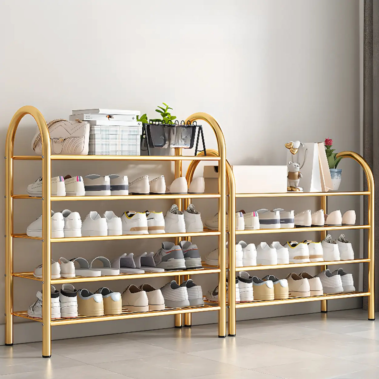 Adjustable Shelves Arched Metal Floor Gold Large Shoe Rack Image - 3
