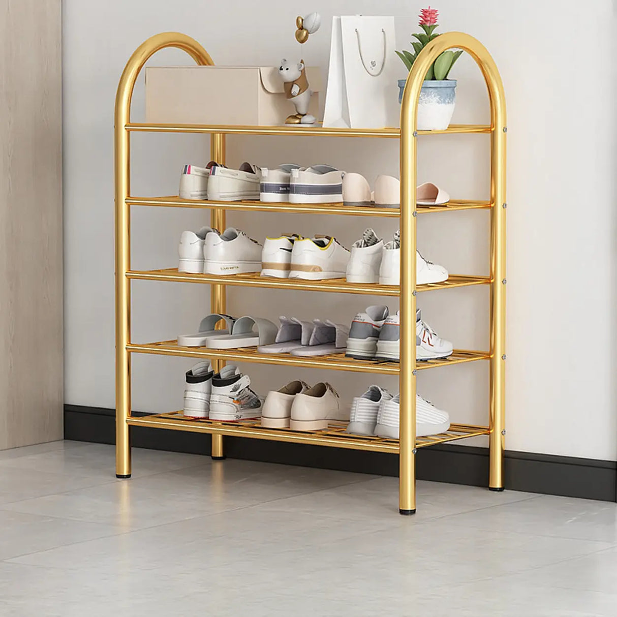Adjustable Shelves Arched Metal Floor Gold Large Shoe Rack Image - 4