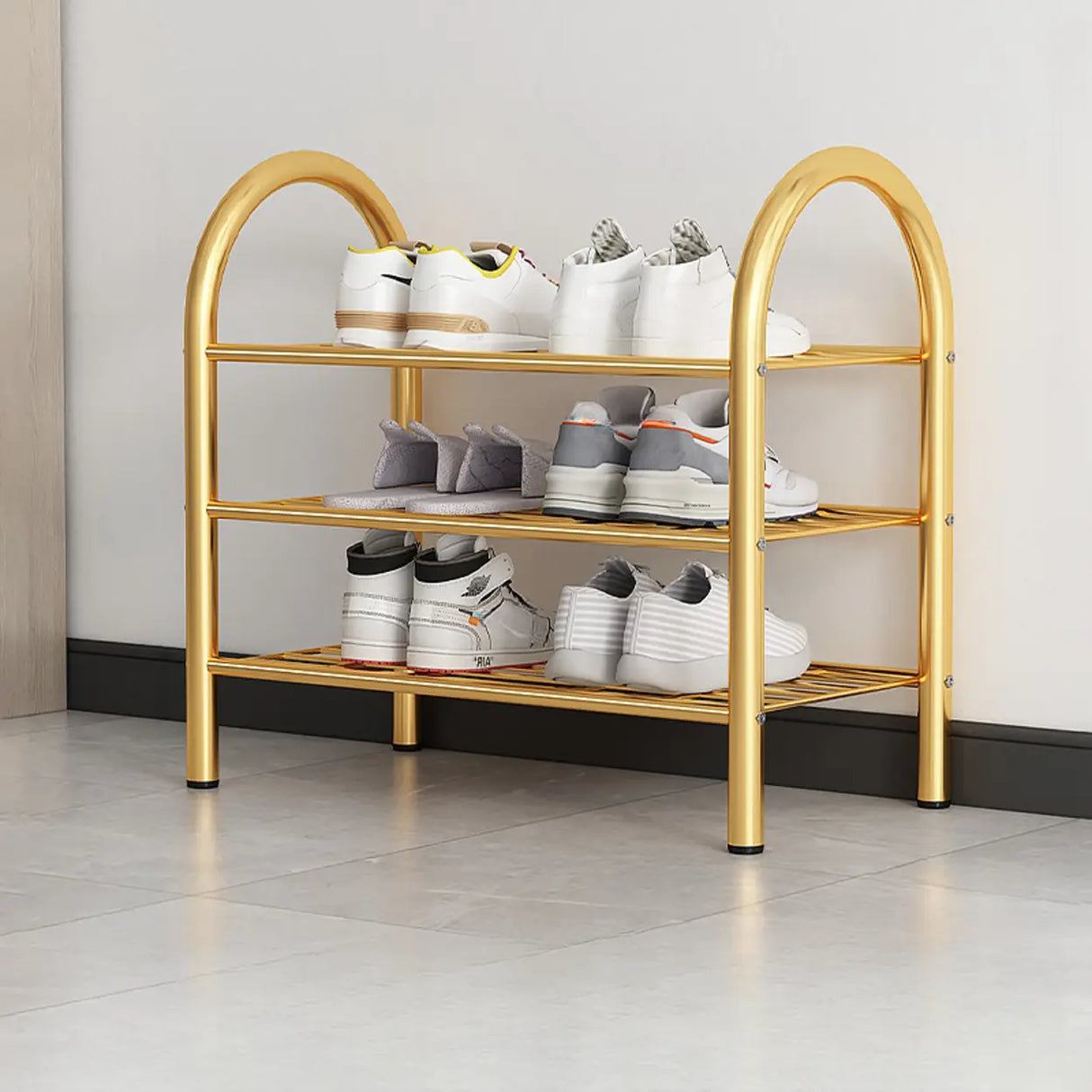 Adjustable Shelves Arched Metal Floor Gold Large Shoe Rack Image - 5