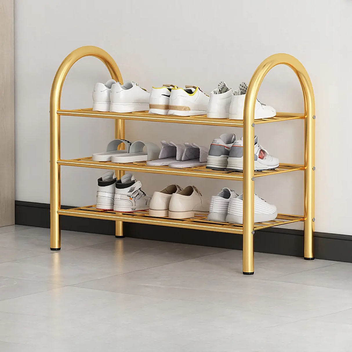 Adjustable Shelves Arched Metal Floor Gold Large Shoe Rack Image - 7