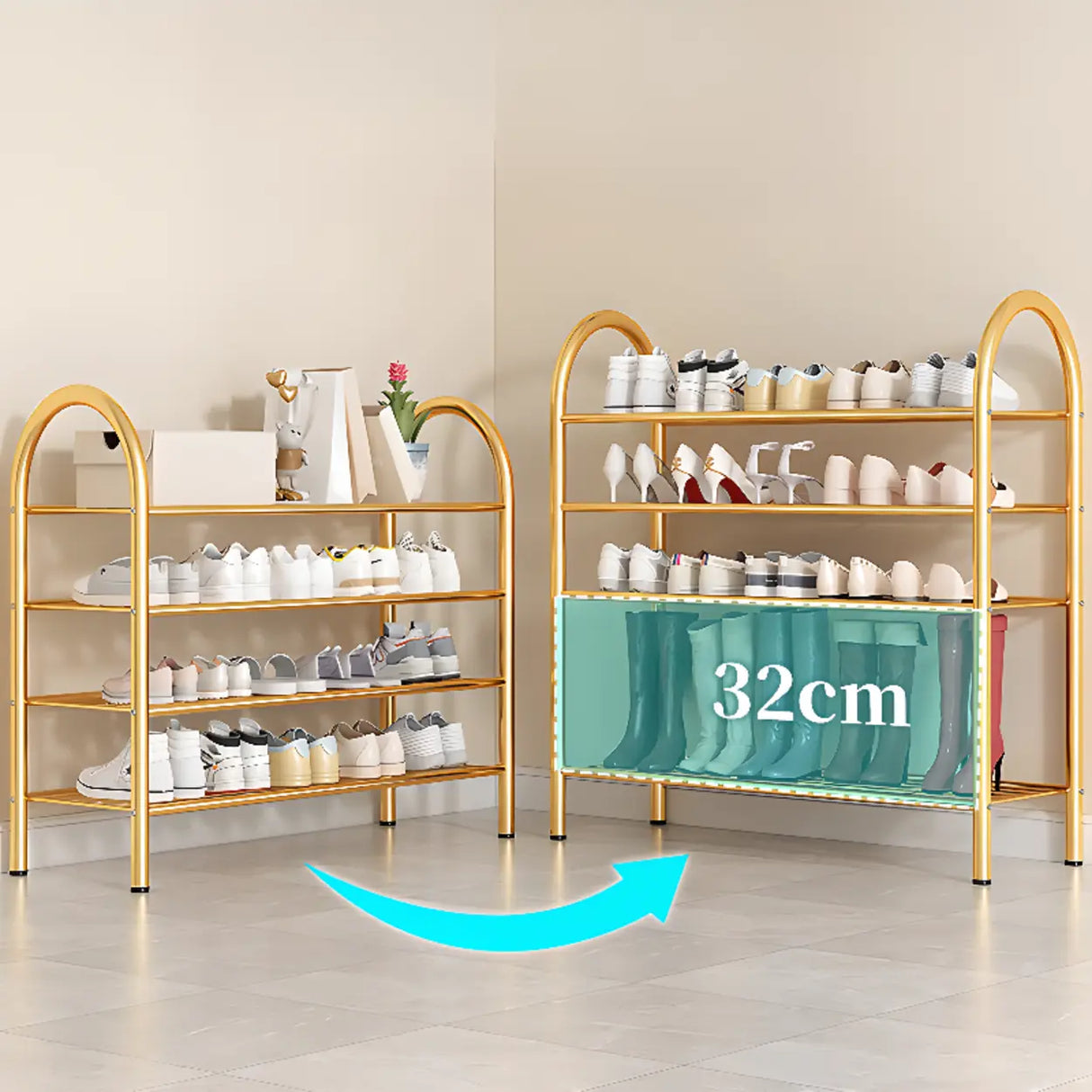 Adjustable Shelves Arched Metal Floor Gold Large Shoe Rack Image - 9
