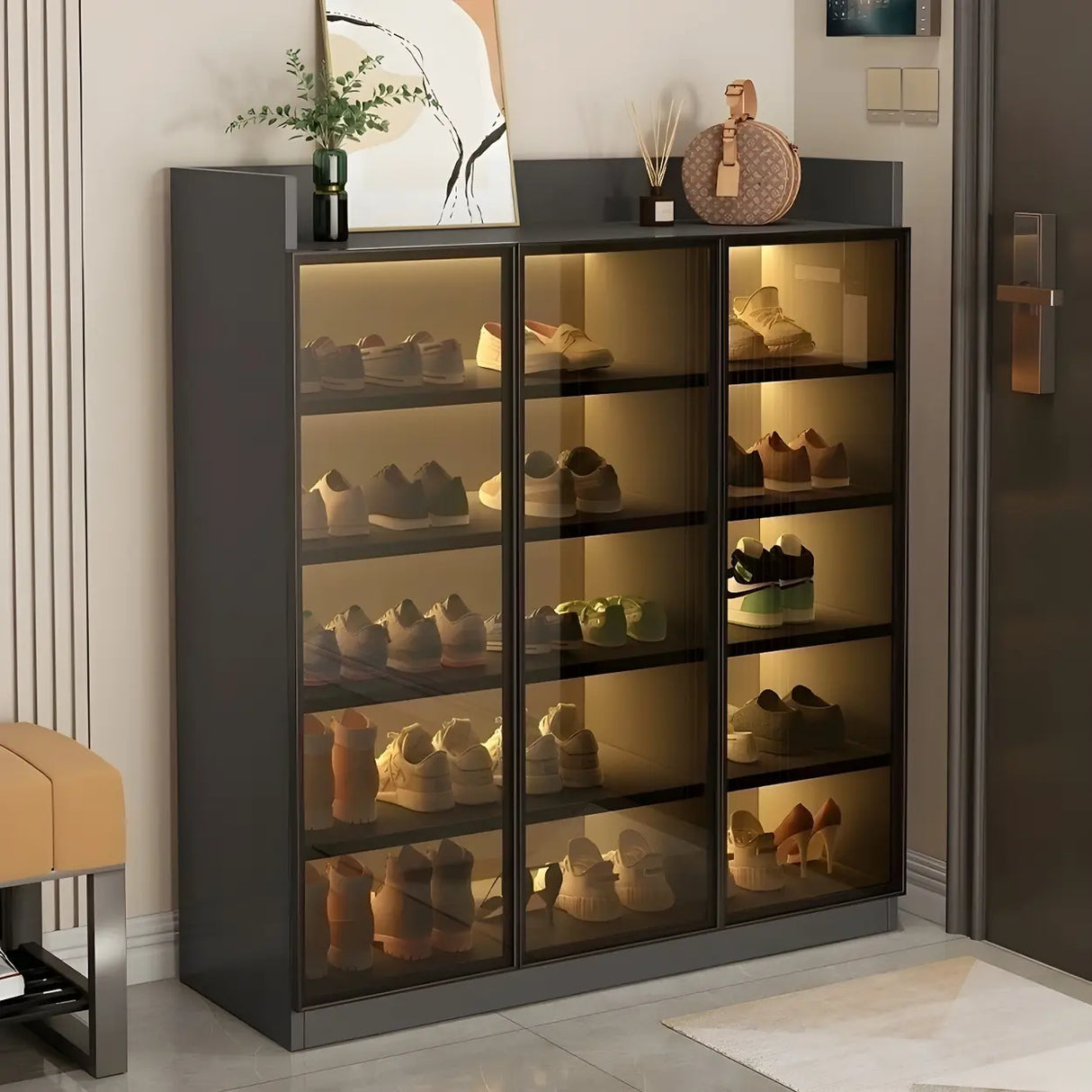 Adjustable Shelves Glass Entryway White LED Shoe Cabinet Image - 18