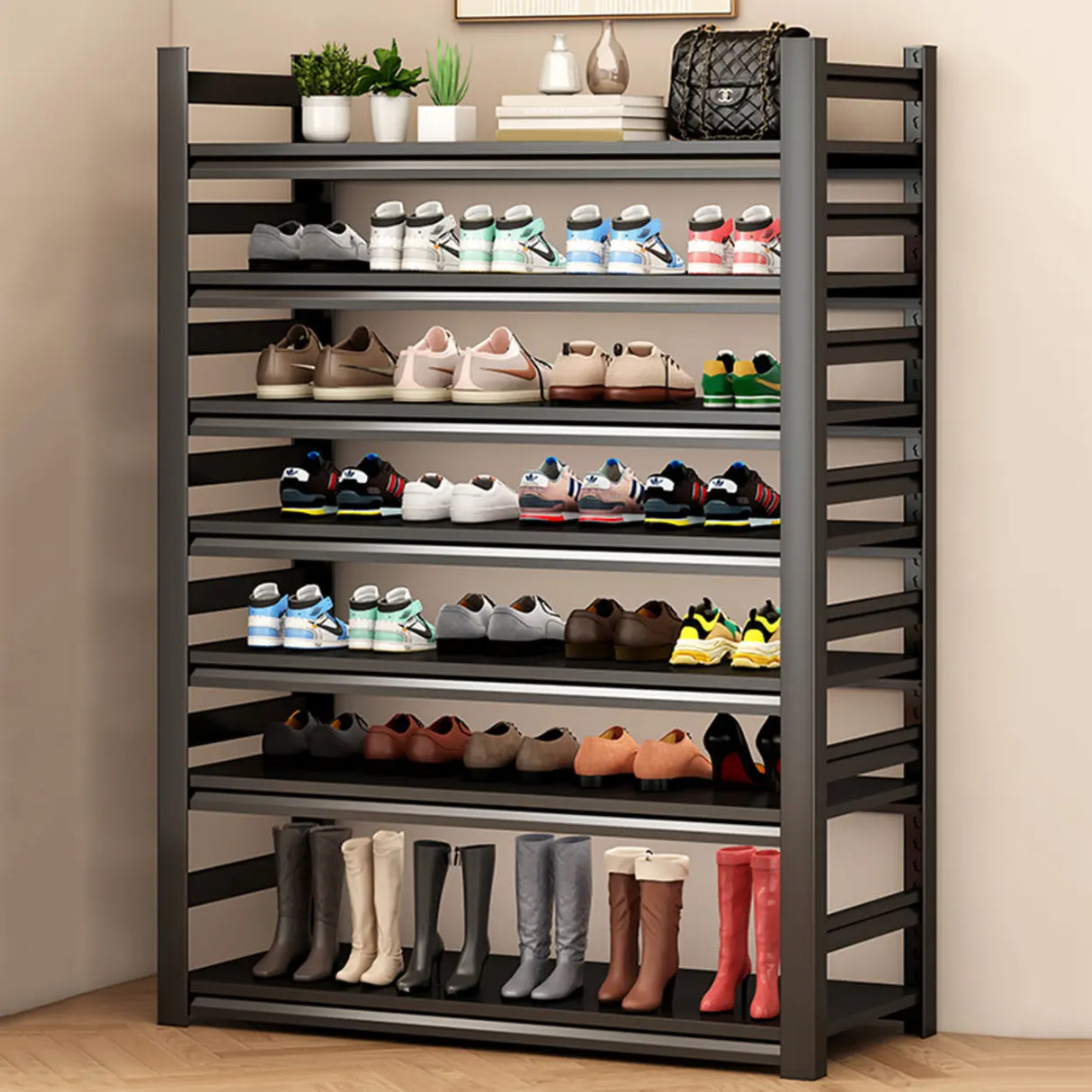 Adjustable Shelves Metal Hallway Black Shoe Rack Storage Image - 1