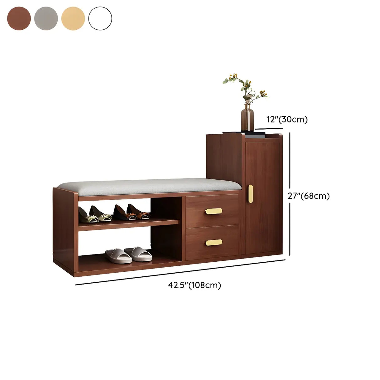 Adjustable Shelves Wood Entryway Brown Shoe Storage Bench 