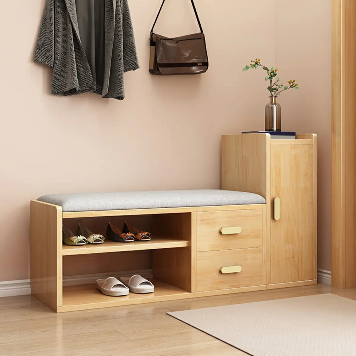 Adjustable Shelves Wood Entryway Brown Shoe Storage Bench Image - 5