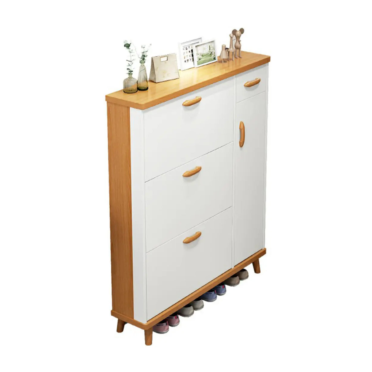 Adjustable Shelves Wood White Drop Front Shoe Storage Image - 11