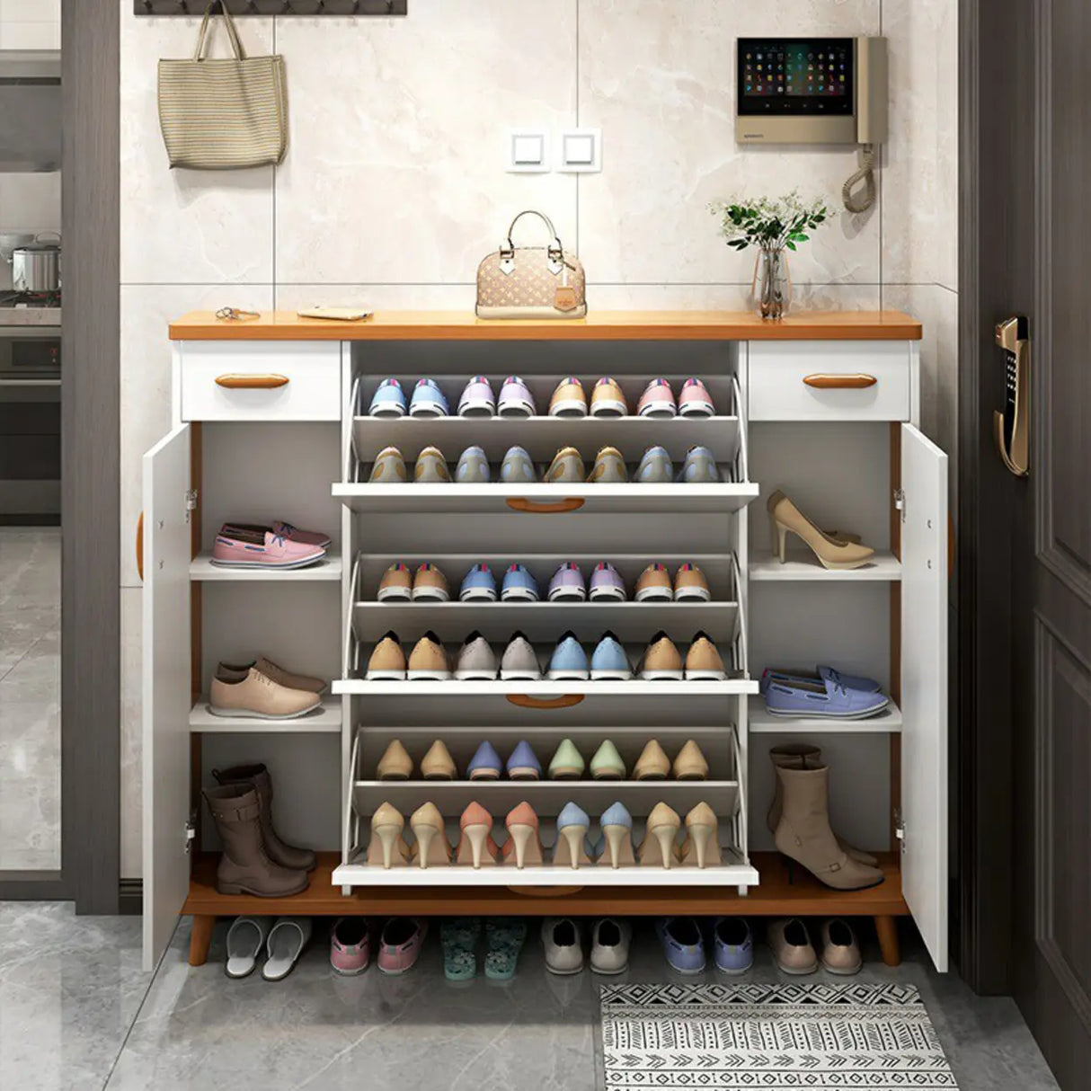 Adjustable Shelves Wood White Drop Front Shoe Storage Image - 4