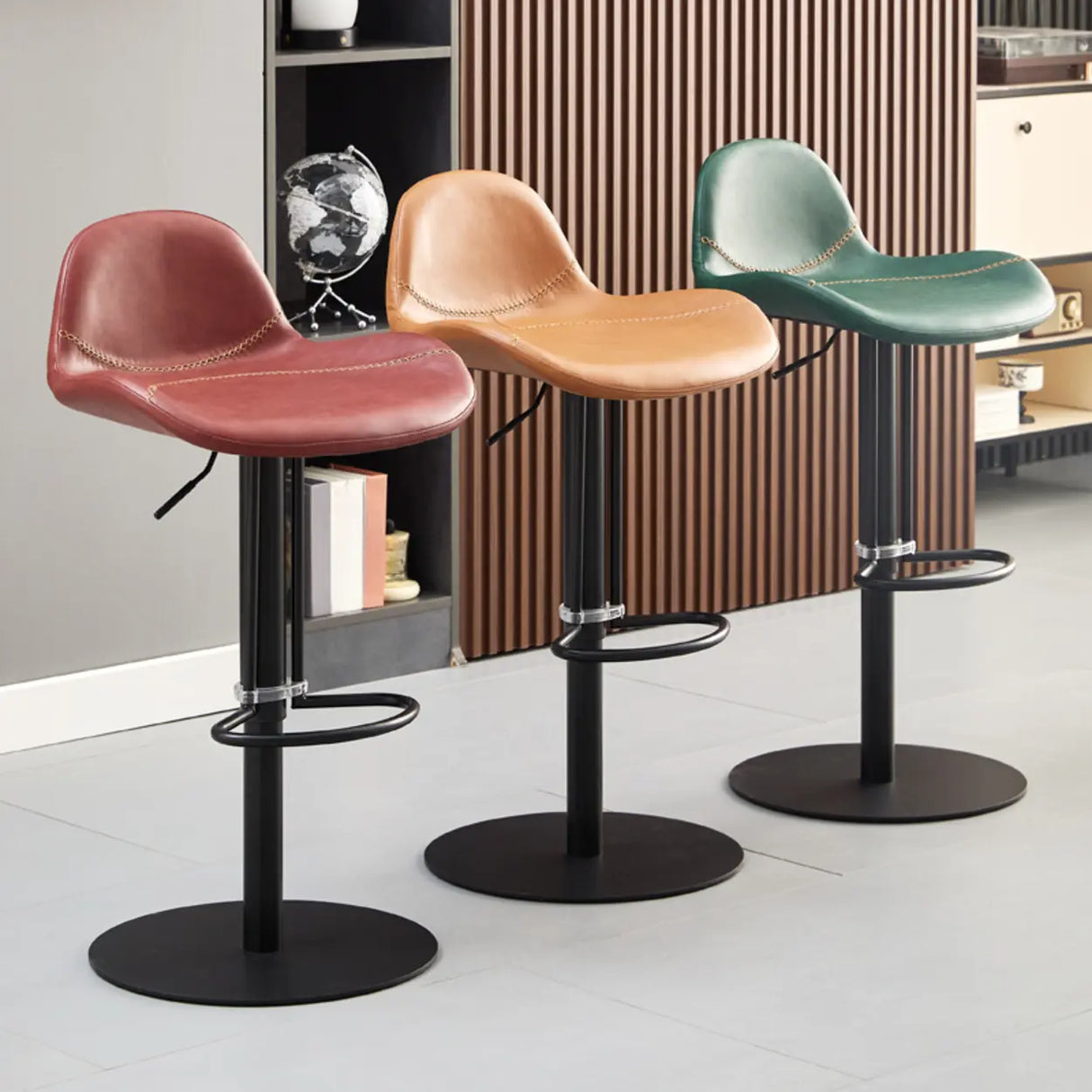 Adjustable Swivel Leather Low Back Bar Stool with Footrest Image - 1