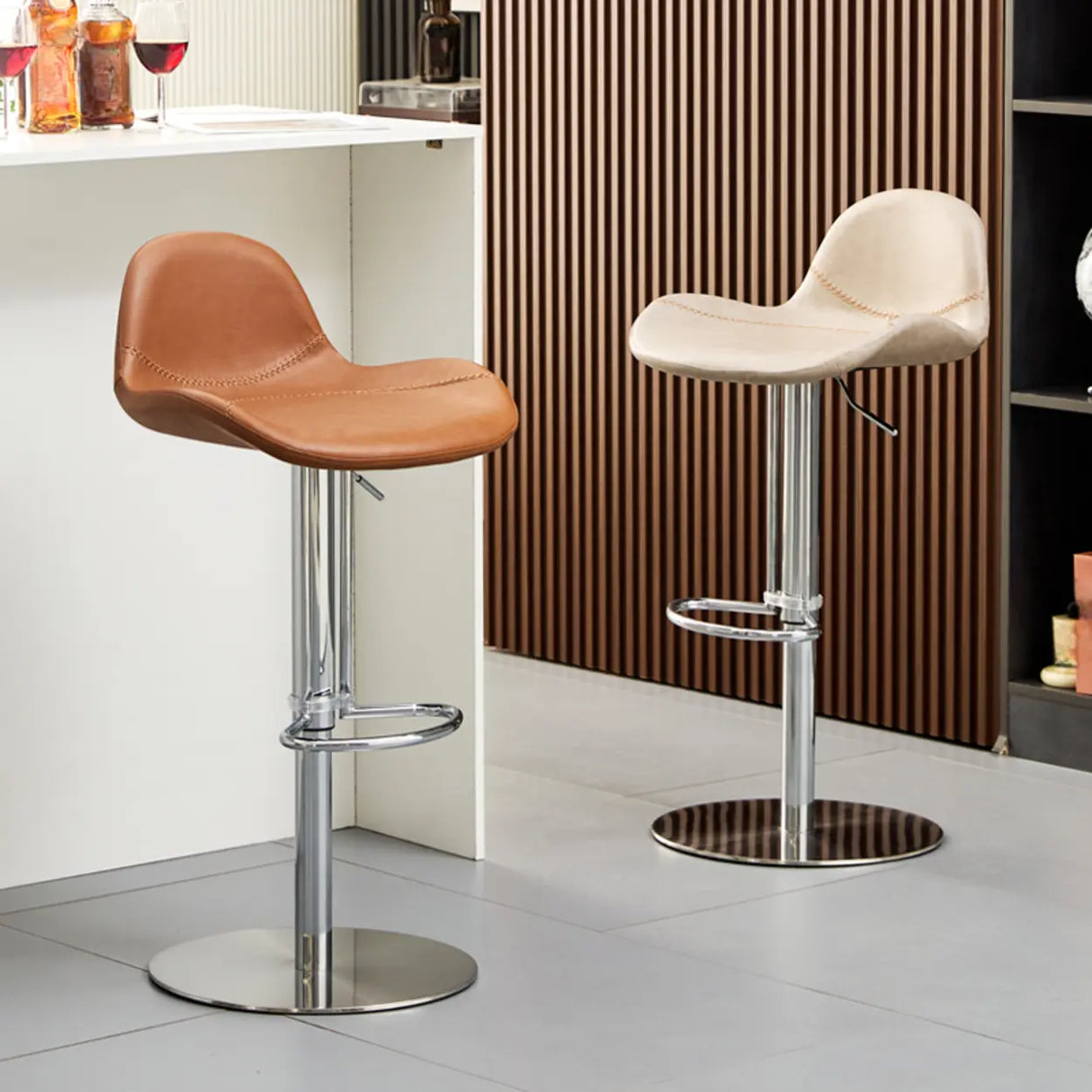 Adjustable Swivel Leather Low Back Bar Stool with Footrest Image - 3