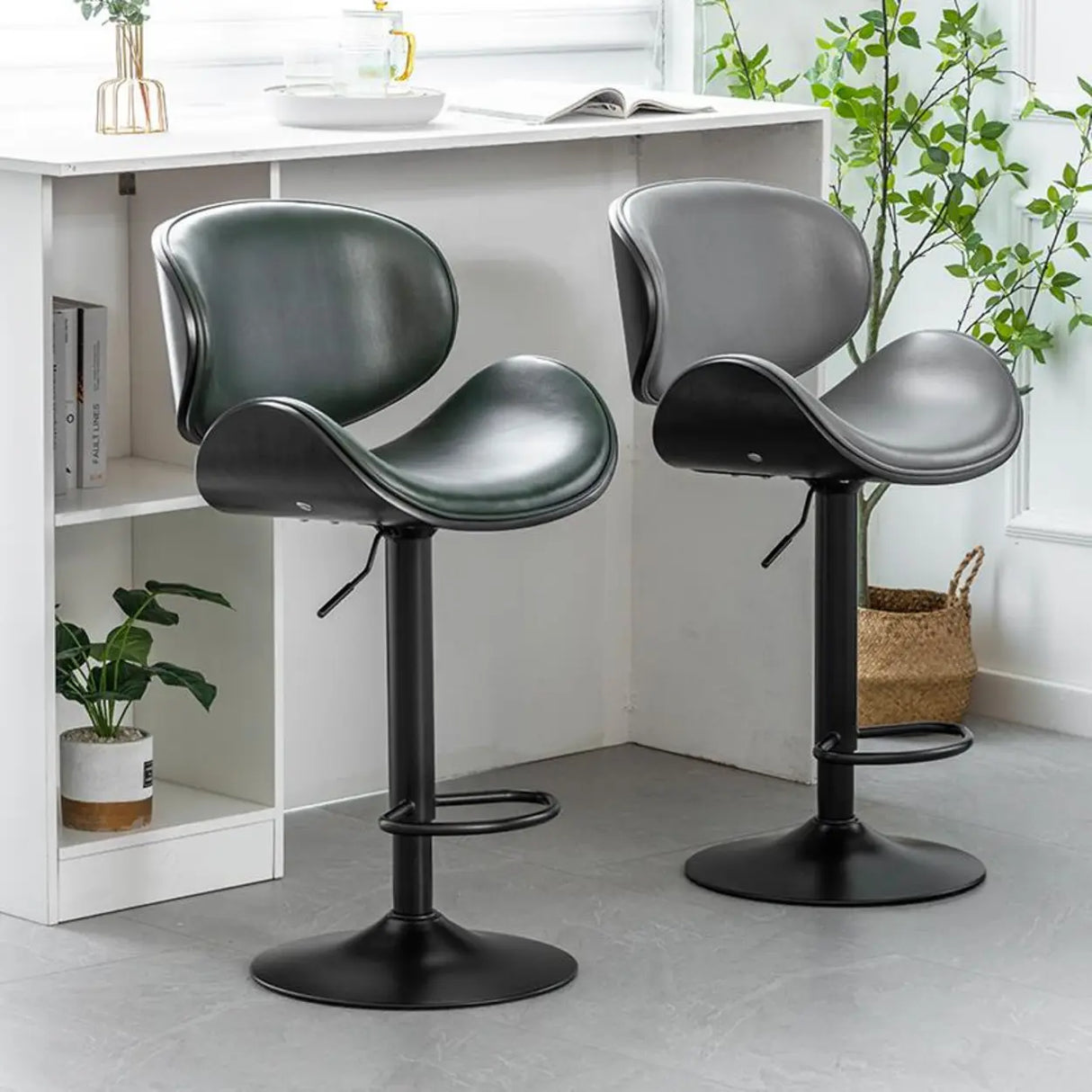 Adjustable Swivel Modern Leather Bar Stool with Curved Backrest Image - 4