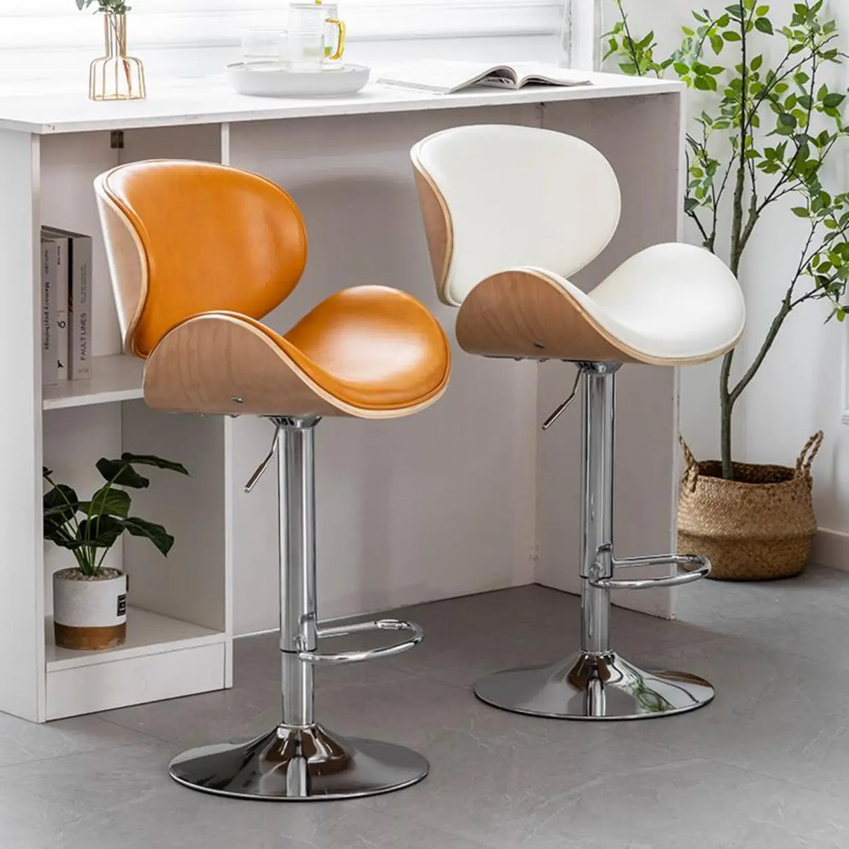 Adjustable Swivel Modern Leather Bar Stool with Curved Backrest Image - 6