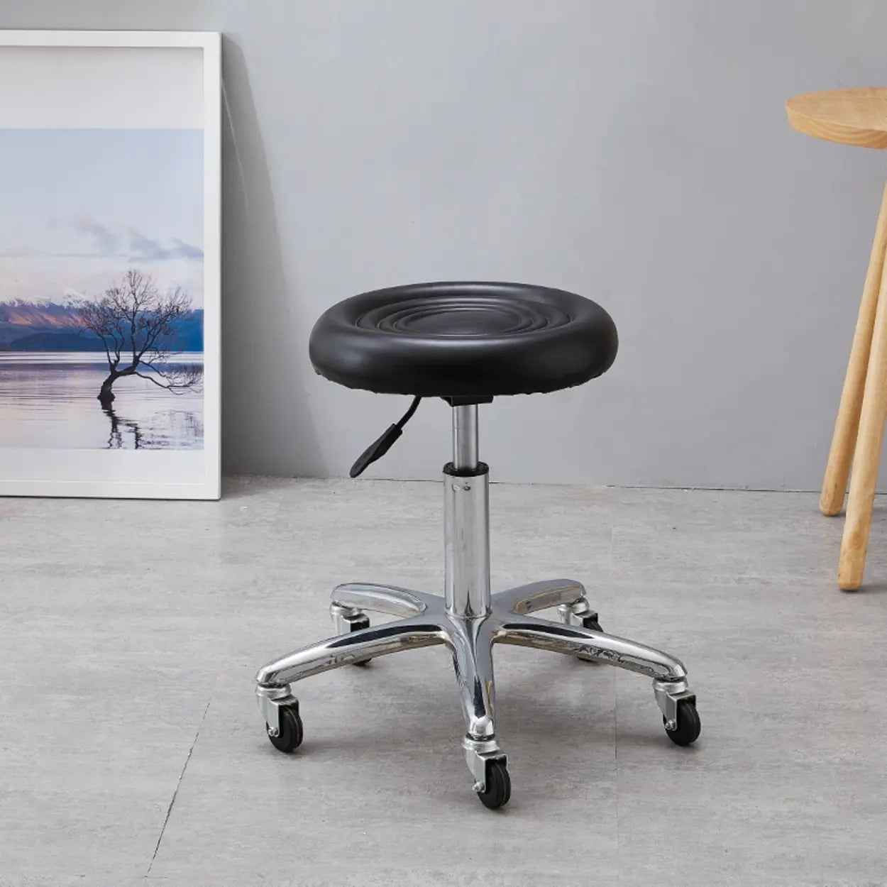 Adjustable Swivel Round Leather Bar Stool with Wheels Image - 1