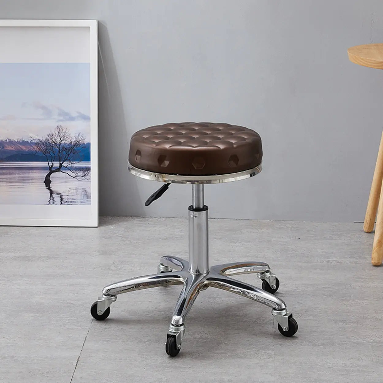 Adjustable Swivel Round Leather Bar Stool with Wheels Image - 4