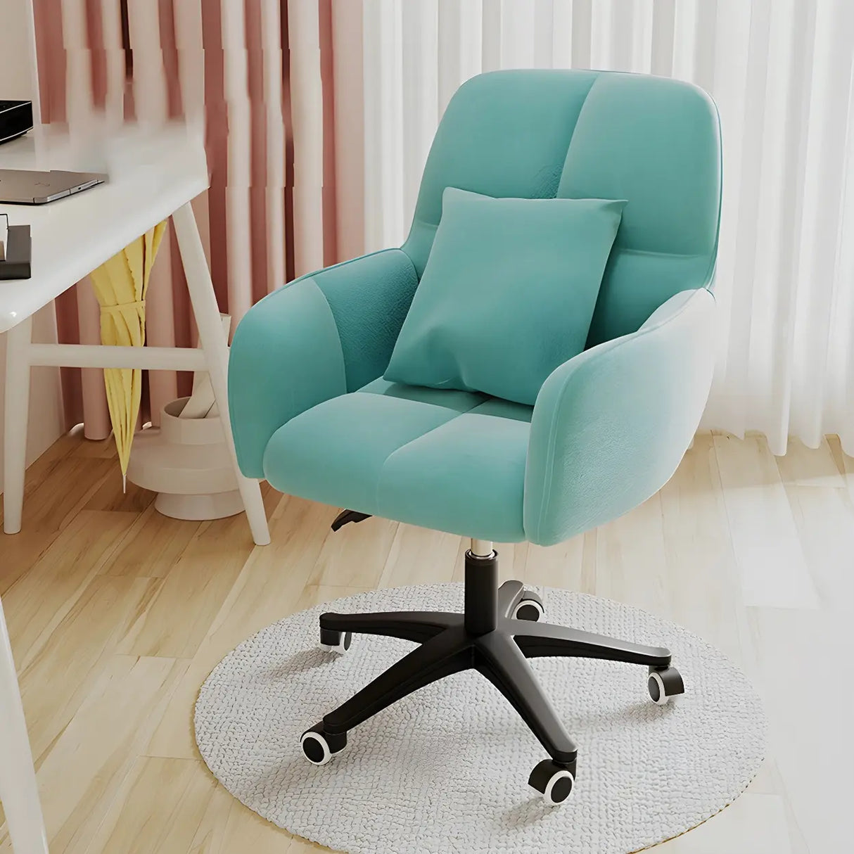 Adjustable Upholstered Curved Leather Off-White Office Chair Image - 12