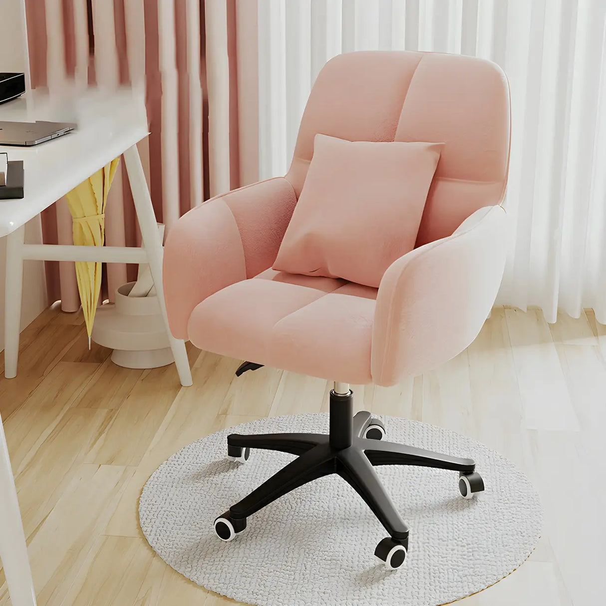 Adjustable Upholstered Curved Leather Off-White Office Chair Image - 14
