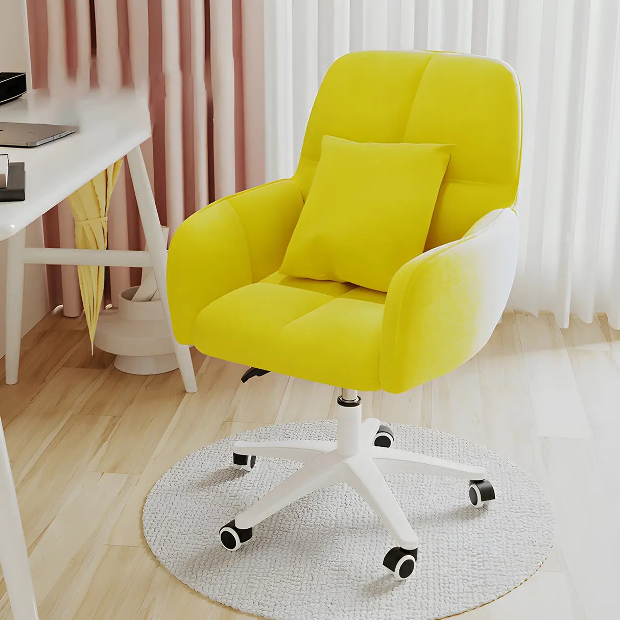 Adjustable Upholstered Curved Leather Off-White Office Chair Image - 19