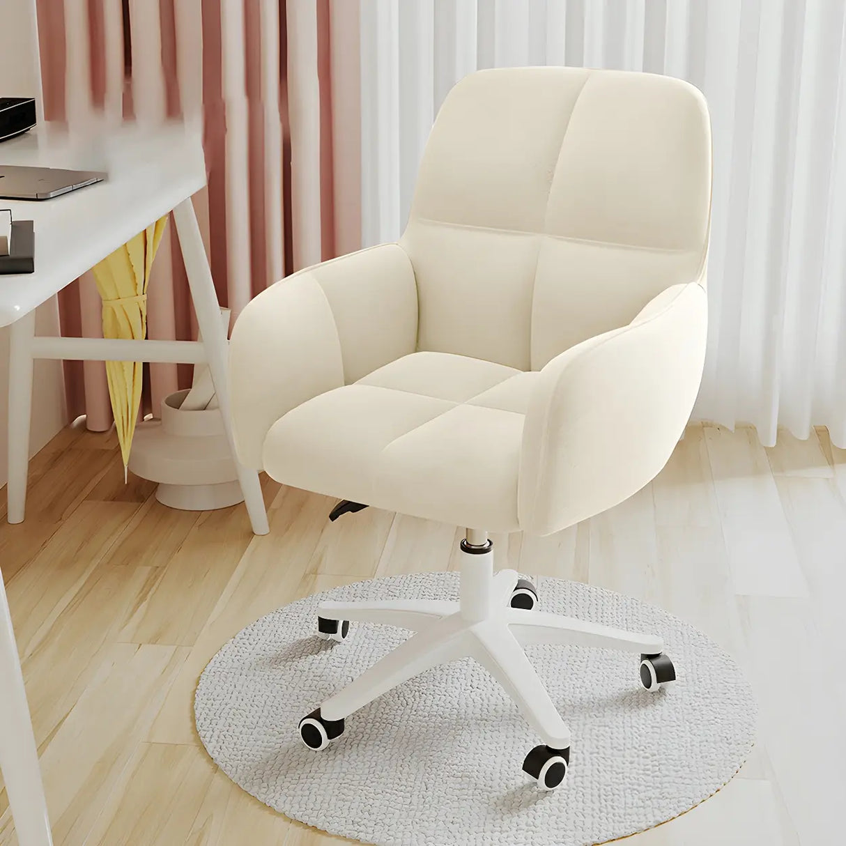 Adjustable Upholstered Curved Leather Off-White Office Chair Image - 20