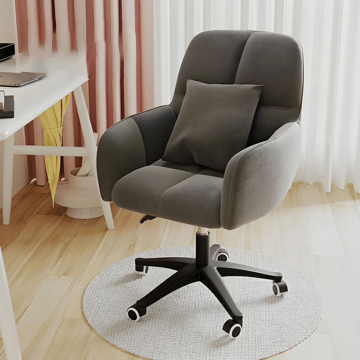 Adjustable Upholstered Curved Leather Off-White Office Chair Image - 21