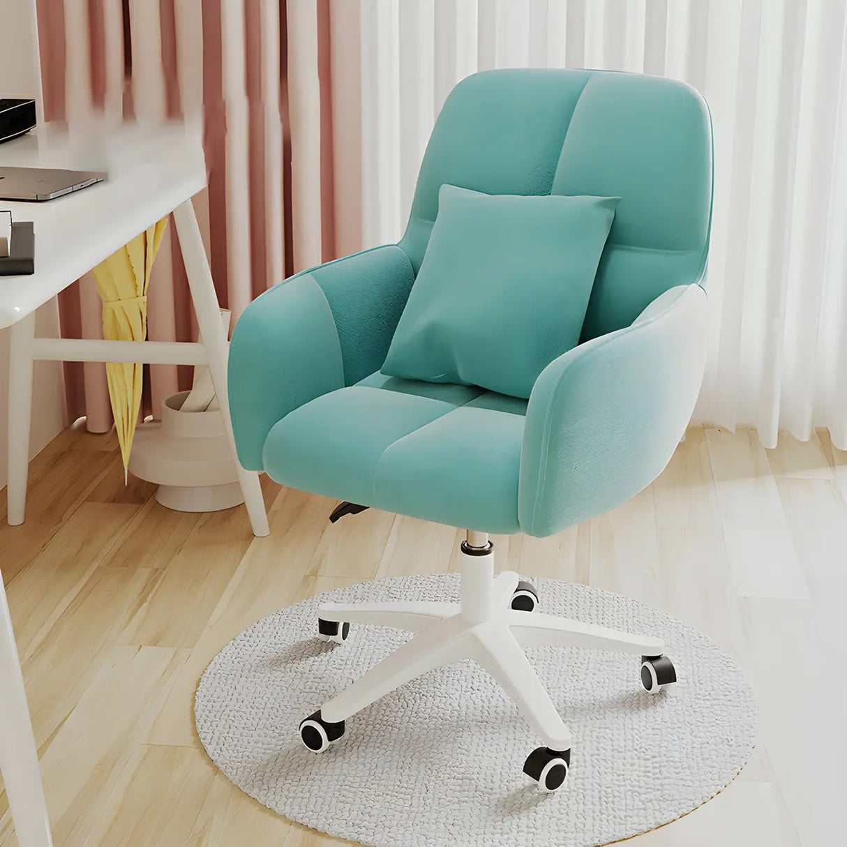 Adjustable Upholstered Curved Leather Off-White Office Chair Image - 2