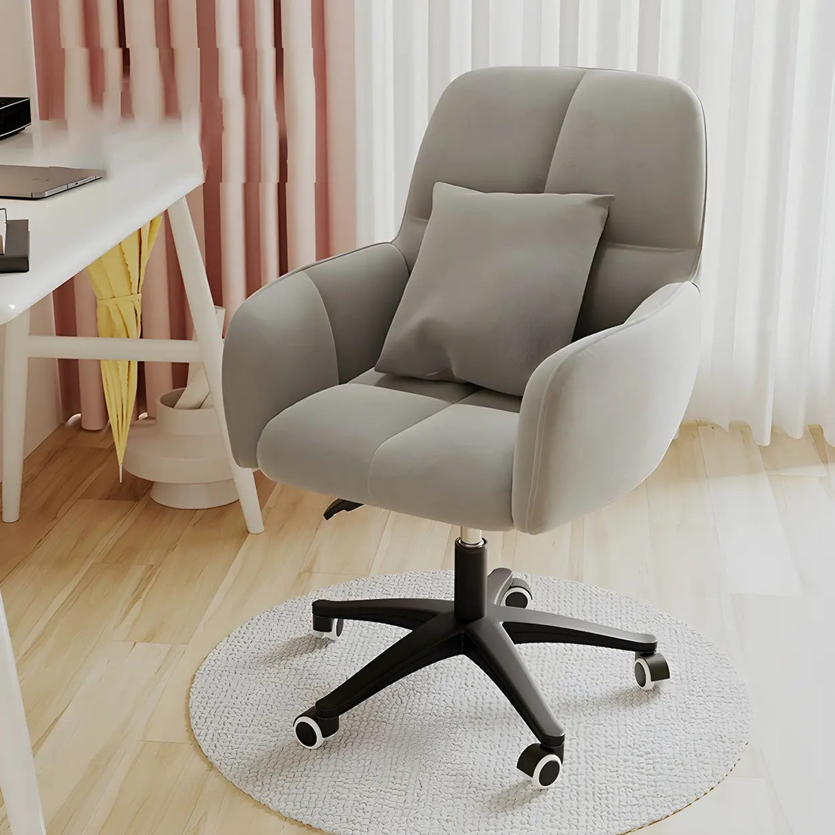 Adjustable Upholstered Curved Leather Off-White Office Chair Image - 3