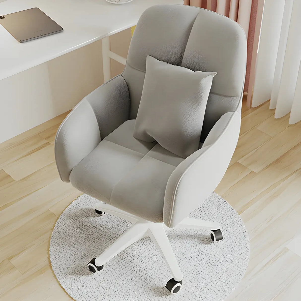 Adjustable Upholstered Curved Leather Off-White Office Chair Image - 4