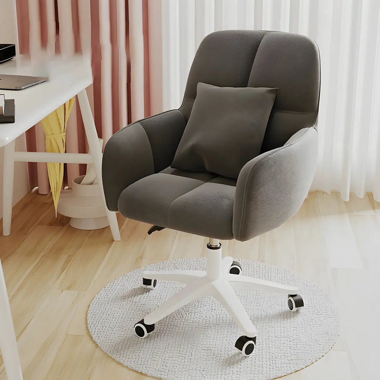 Adjustable Upholstered Curved Leather Off-White Office Chair Image - 5