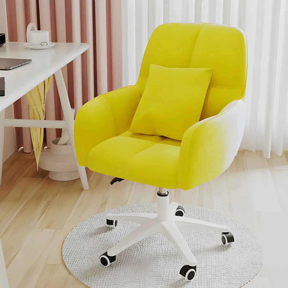 Adjustable Upholstered Curved Leather Off-White Office Chair Image - 6