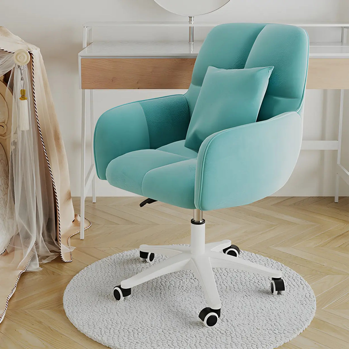 Adjustable Upholstered Curved Leather Off-White Office Chair Image - 7