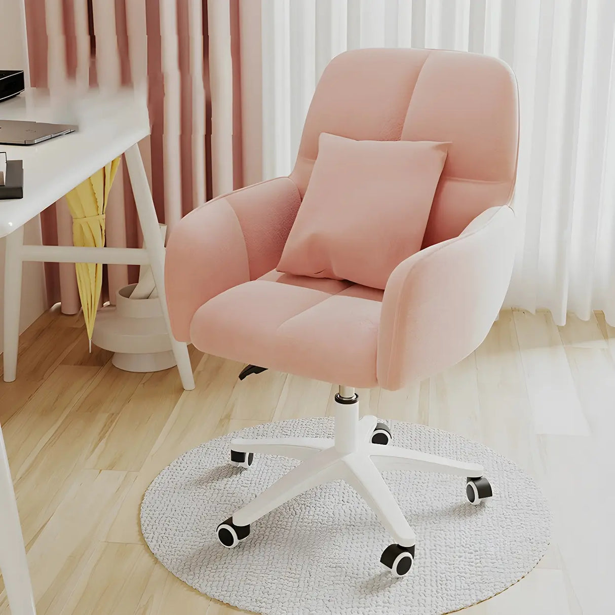 Adjustable Upholstered Curved Leather Off-White Office Chair Image - 8
