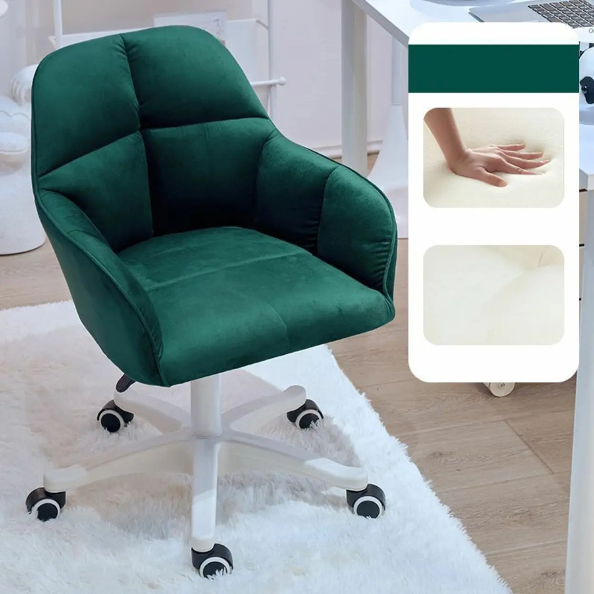 Adjustable Upholstered Swivel Beige Casters Office Chair Image - 11
