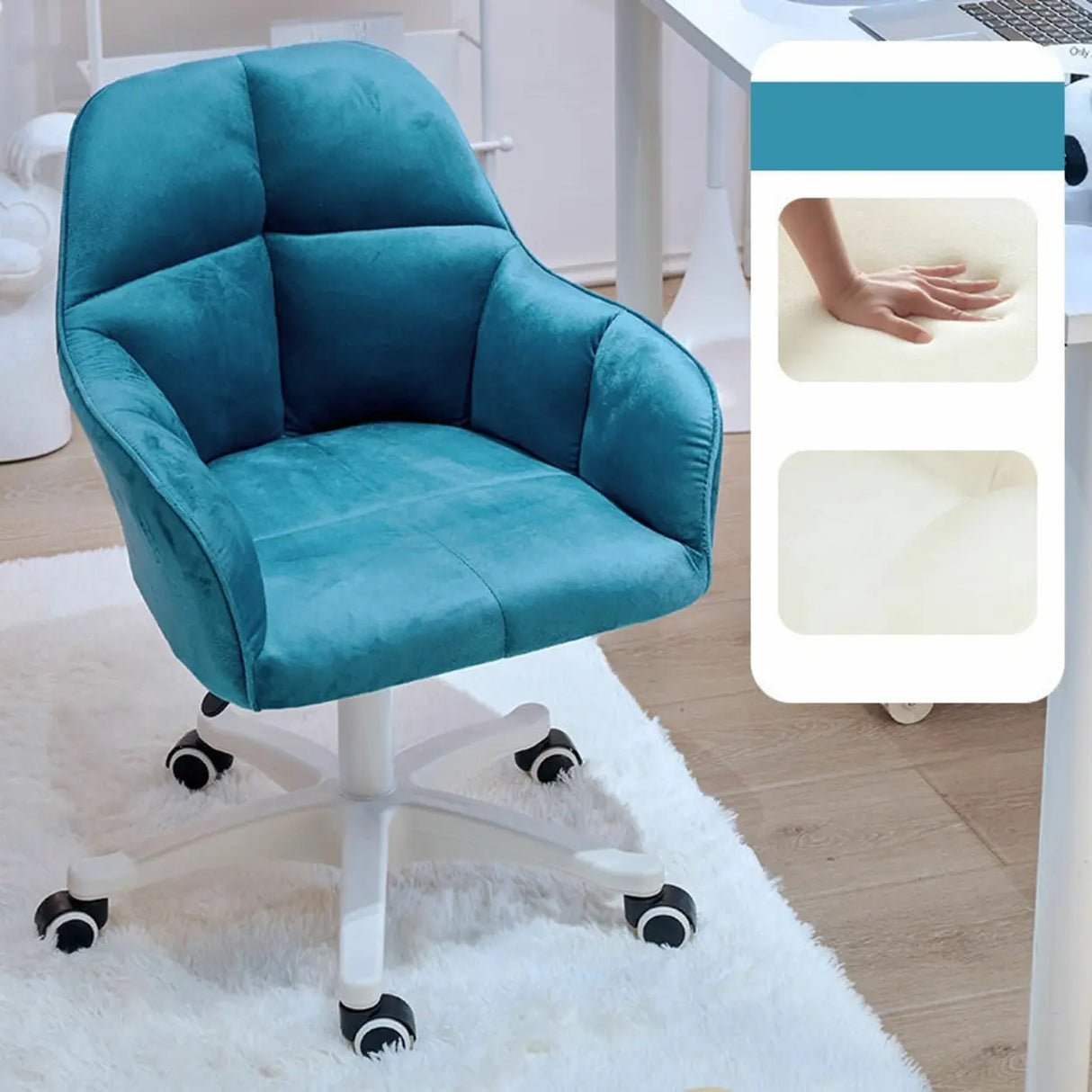 Adjustable Upholstered Swivel Beige Casters Office Chair Image - 13