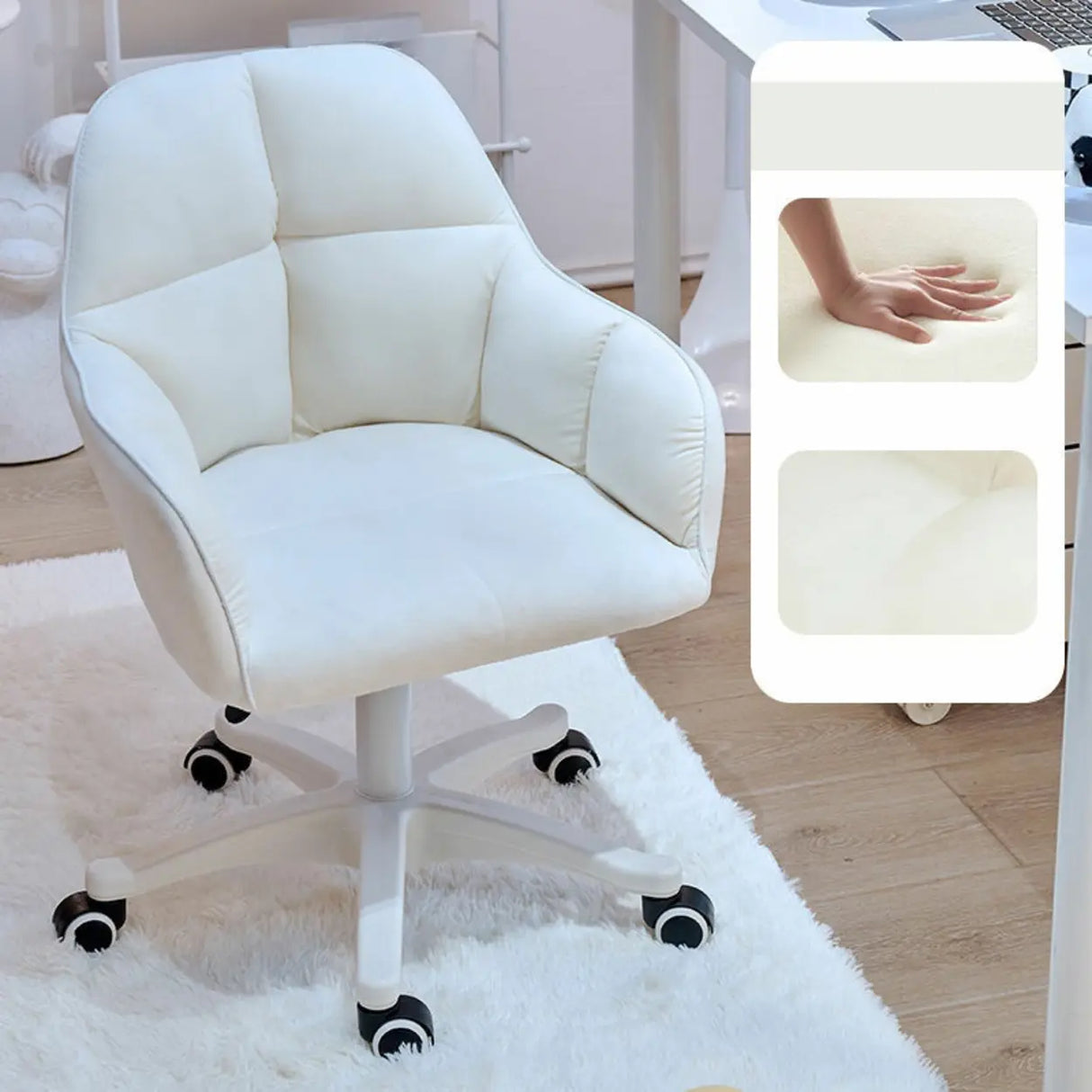 Adjustable Upholstered Swivel Beige Casters Office Chair Image - 15