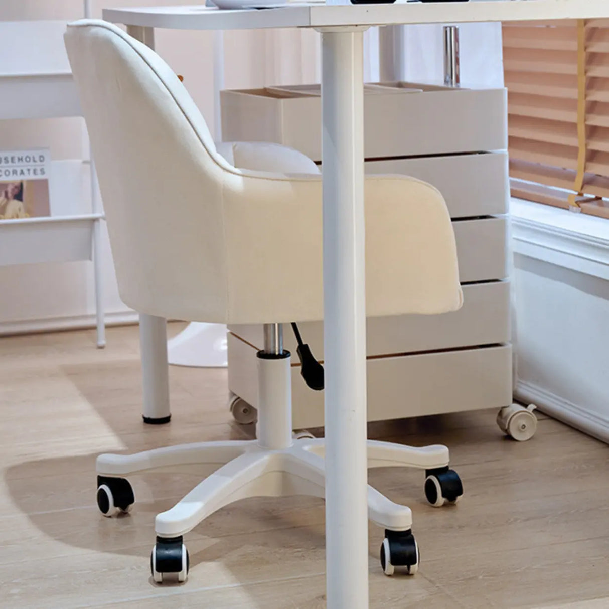 Adjustable Upholstered Swivel Beige Casters Office Chair Image - 18