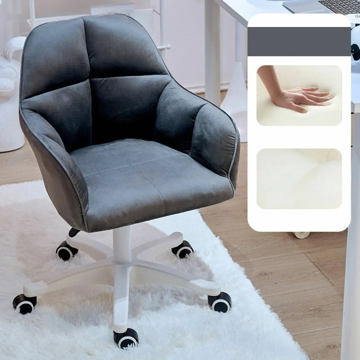 Adjustable Upholstered Swivel Beige Casters Office Chair Image - 3