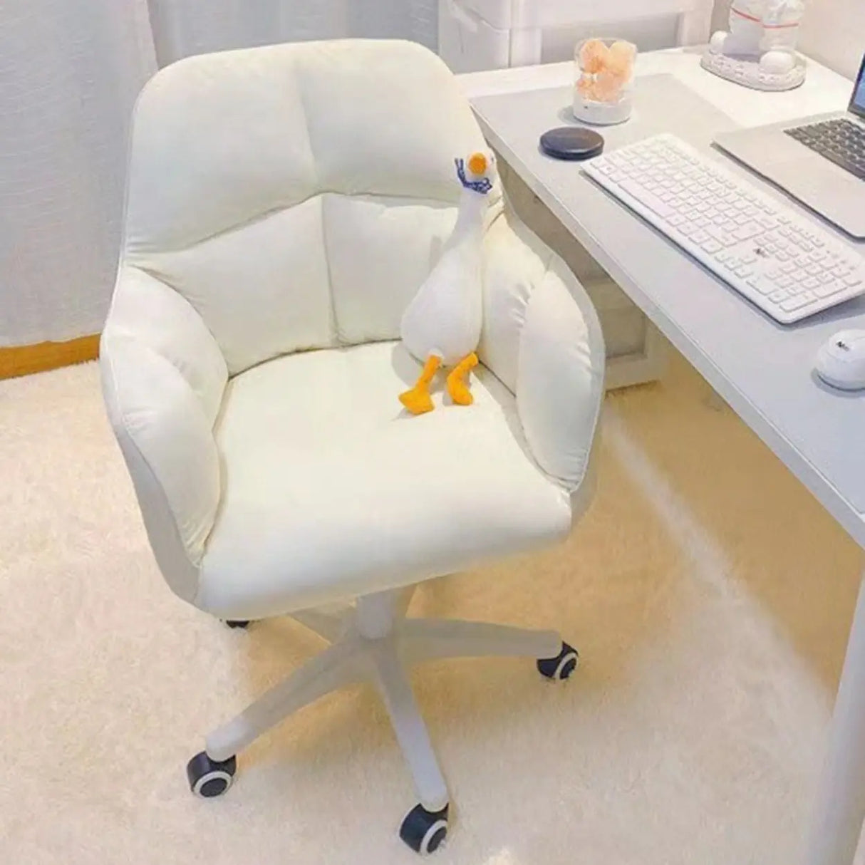 Adjustable Upholstered Swivel Beige Casters Office Chair Image - 4