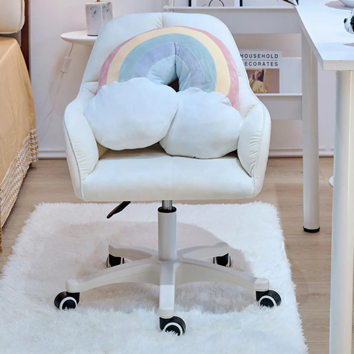 Adjustable Upholstered Swivel Beige Casters Office Chair Image - 5